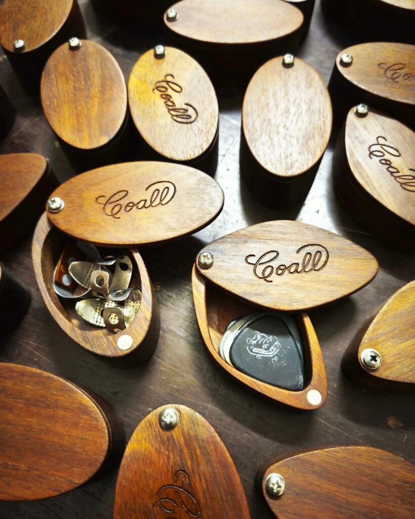 custom pick box crafted from solid wood for storing picks / handmade wooden pick box for guitar and banjo with magnetic closure / Coall Instruments