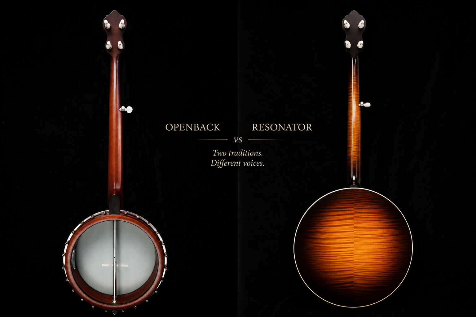 Openback and resonator banjos by Coall Instruments showing two traditional banjo designs